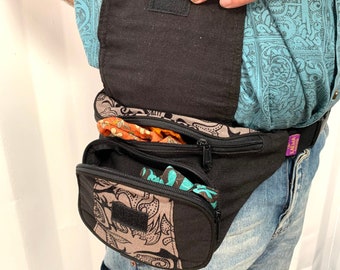 Steampunk Cotton Hip-bag. Fanny pack. Bum bag. Black & silver 4 zipped pockets plus Velcro cover fastener.