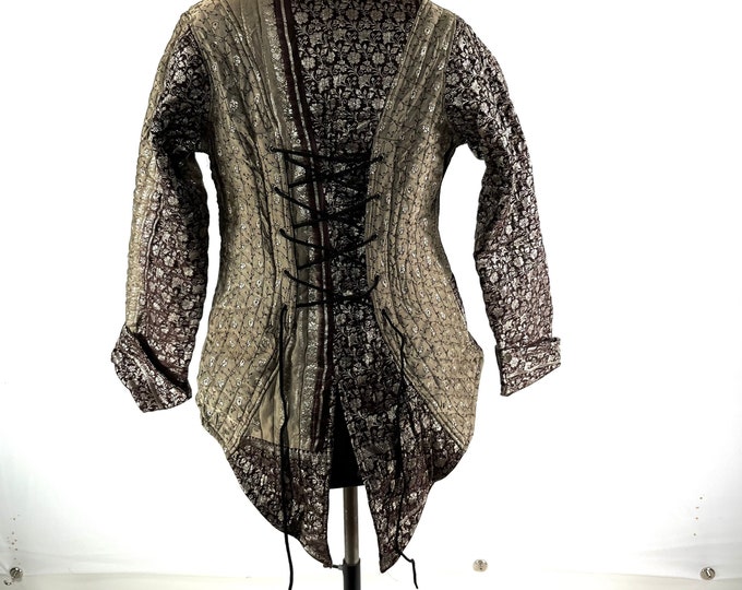 2XL. Steampunk Coat a Silk Brocade Fleece Lined Tailcoat with Corsetage at back for adjustable sizing.