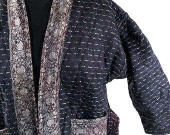 Quilted Silk Kimono Robe; Vintage Brocade, Generous Loose Fit Haori Jacket, Handmade.  SKU:757-7012