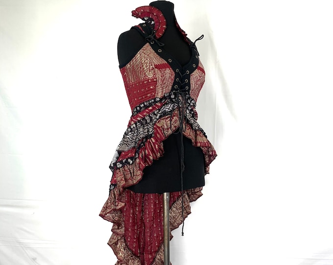 M. Sophia Steampunk Corset Dress with Hi-Low tiered skirt in Silk brocade,