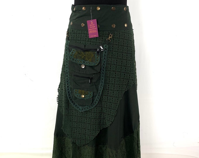 Steampunk Wrap Skirt in Green Cotton; Edwardian Long Skirt, Victorian Walking Winter Skirt with a detachable 3 Pocket Purse. SKU:1040-1041-