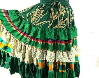 Jazmyn XL Waist 25 yard Gypsy Silk Skirt in One Size Boho Skirt. Green SKU:737-7052