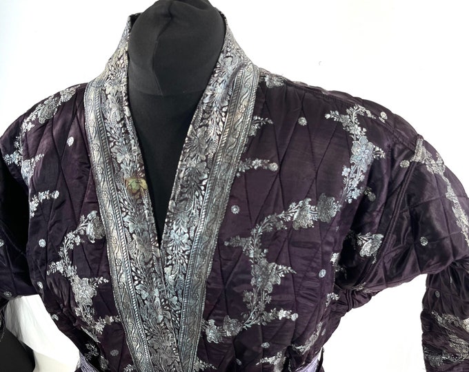 Quilted Silk Kimono Jacket XL; Vintage Brocade Robe, Generous Loose Fit, Japanese Style, Handmade.  SKU:758-7023