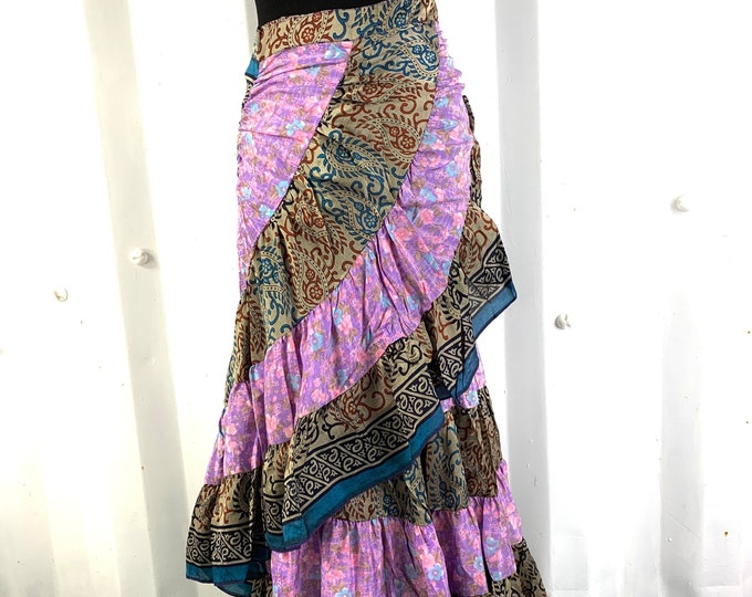 Kezia Gypsy Wrap Silk Skirt. One size, Layered Bohemian Style. Can be worn as a dress. Bellydance, Flamenco Hippie Pink