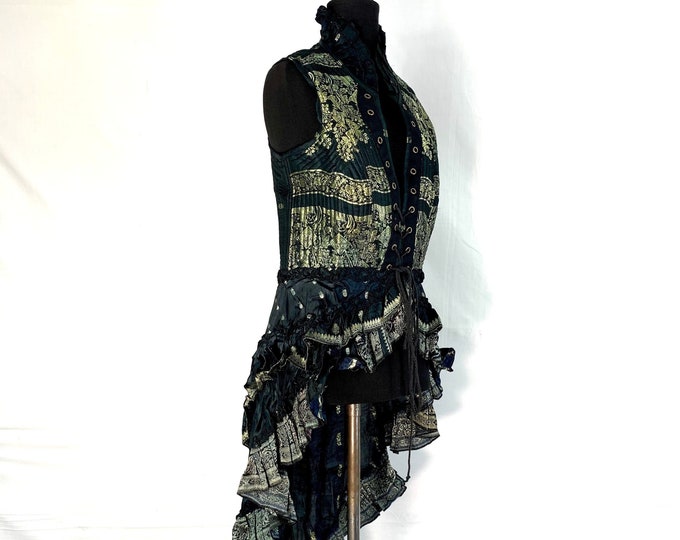 XL. Isabella Corset Bustier Dress, Silk brocade, Steampunk, Larp, Tribal, Pagan