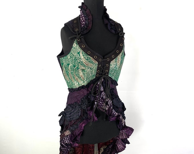L. Sophia Steampunk Corset Dress with Hi-Low tiered skirt in Silk brocade,