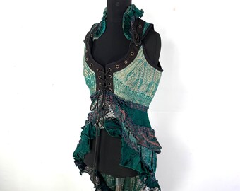 L. Sophia Steampunk Corset Dress with Hi-Low tiered skirt in Silk brocade,