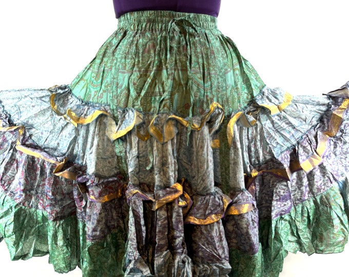 Yasmin XL 25 yard Boho Gypsy Winter Silk Skirt; One Size Plus green grey gold  SKU:739-7074