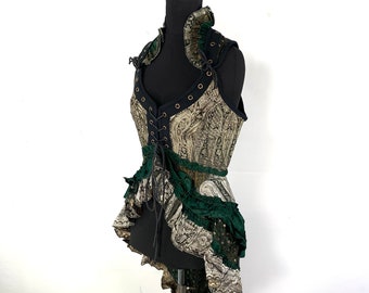 L. Sophia Steampunk Corset Dress with Hi-Low tiered skirt in Silk brocade,