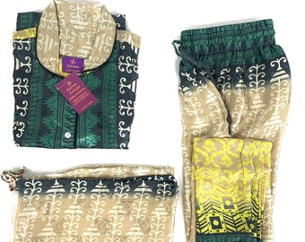 L. Luxury Silk Sari Pyjama Set with matching gift bag. Quality Handmade Nightwear.