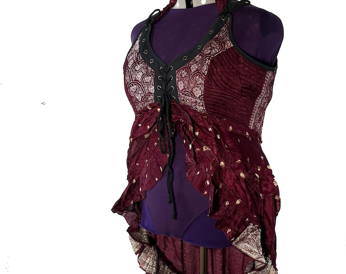 6XL. Sophia Corset Dress with Hi-Low tiered skirt in Silk brocade. Handmade Renaissance Festival Steampunk SKU:2000-8504