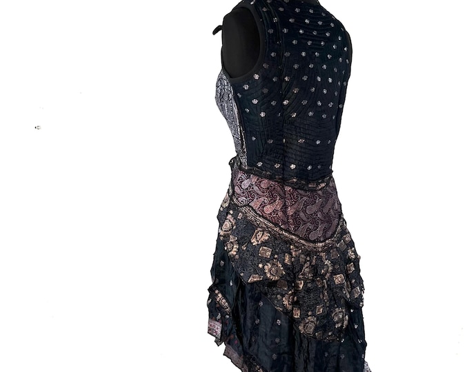 S. Sophia Corset Dress with Hi-Low tiered bustle skirt in Vintage Silk brocade.   SKU:2000-8524