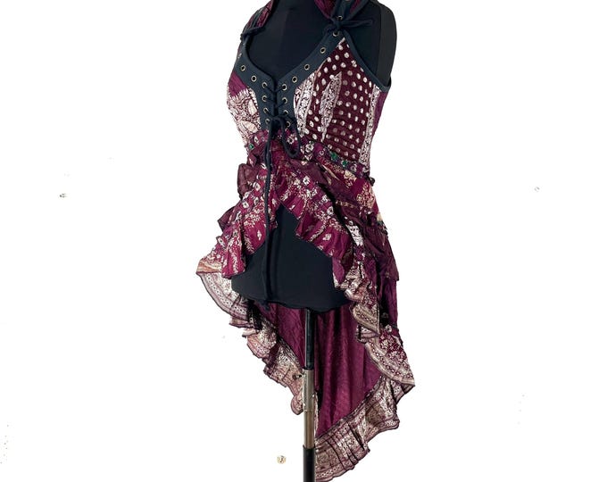 L. Sophia Corset Dress with a Hi-Low tiered skirt in Vintage Silk Brocade  (SKU:2000-8606)