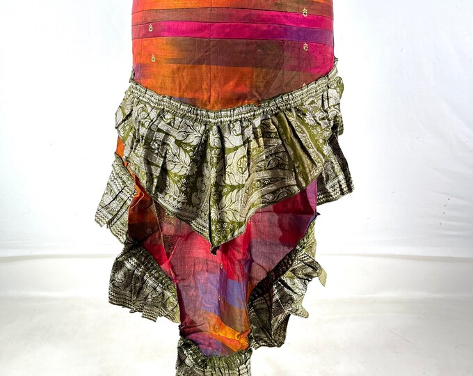 M/L. Bustle Wrap Over Skirt Vintage Silk Brocade, Luna; Tribal Belly Dance mini skirt, Steampunk Victorian Cosplay Tail Skirt SKU:221-7121