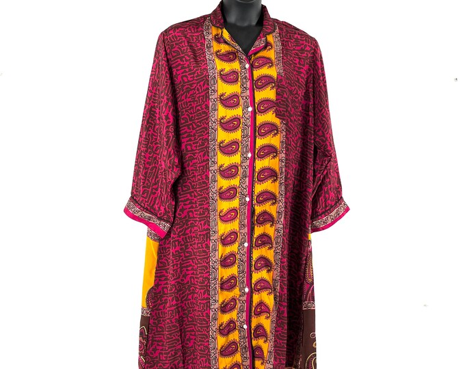 XL. Romilly Silk Shirt Dress; Sari soft, Loose & Comfy, pink and gold SKU:323-7703