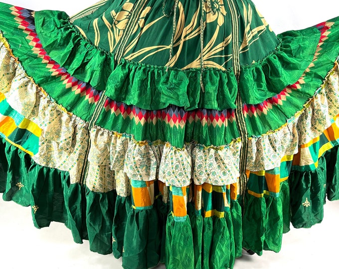 Jazmyn XL Waist 25 yard Gypsy Silk Skirt in One Size Boho Skirt. Green SKU:737-7052