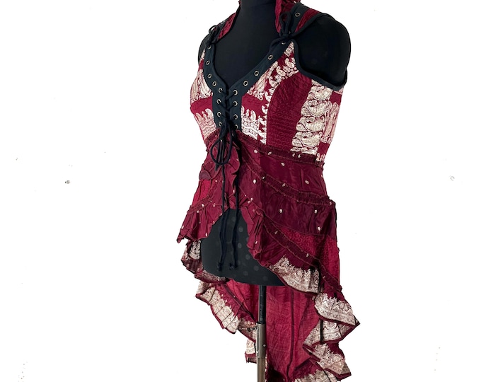 2XL. Sophia Corset Dress with Hi-Low tiered skirt handmade in Silk brocade. Steampunk Ren Faire SKU:2000-8605