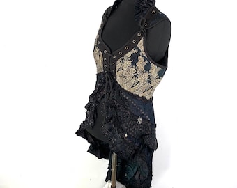 Sophia Corset Dress with Hi-Low tiered skirt handmade in Silk brocade. Steampunk Ren Faire UK-2XL   (SKU:2000-5373)