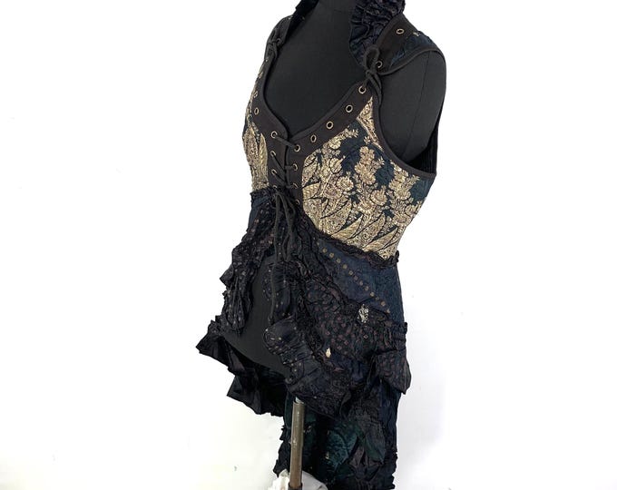 Sophia Corset Dress with Hi-Low tiered skirt handmade in Silk brocade. Steampunk Ren Faire UK-2XL   (SKU:2000-5373)