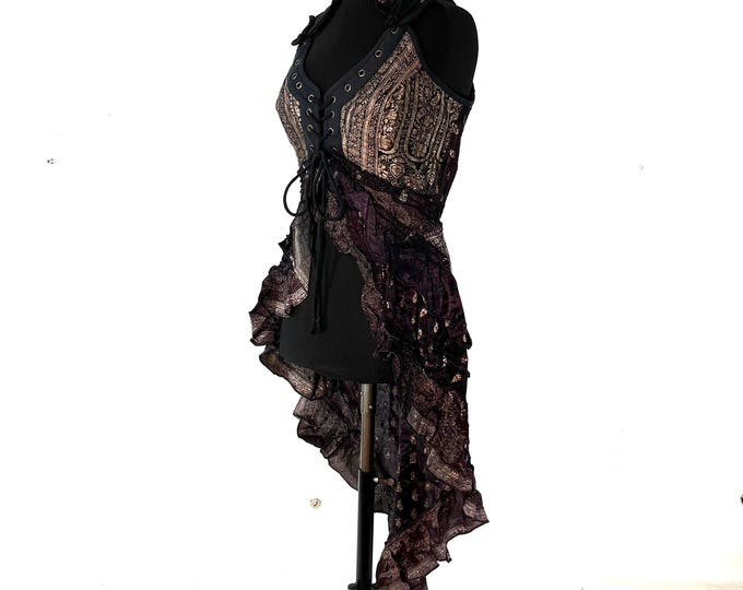 M Sophia Corset Dress with Hi-Low tiered skirt in Vintage Silk Brocade. (SKU:2000-8526)