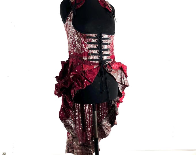2XL Elisa Bustier Dress; Steampunk Under-bust Long Body Corset in Silk Brocade, (SKU:2004-10251)