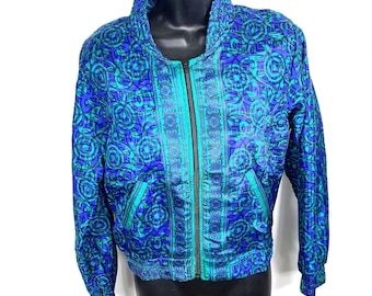 Jude Silk Bomber Jacket, S/M UK Size 6 to 10. Warm fleece lined. Blue & Green