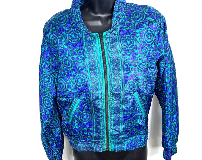 Jude Silk Bomber Jacket, S/M UK Size 6 to 10. Warm fleece lined. Blue & Green
