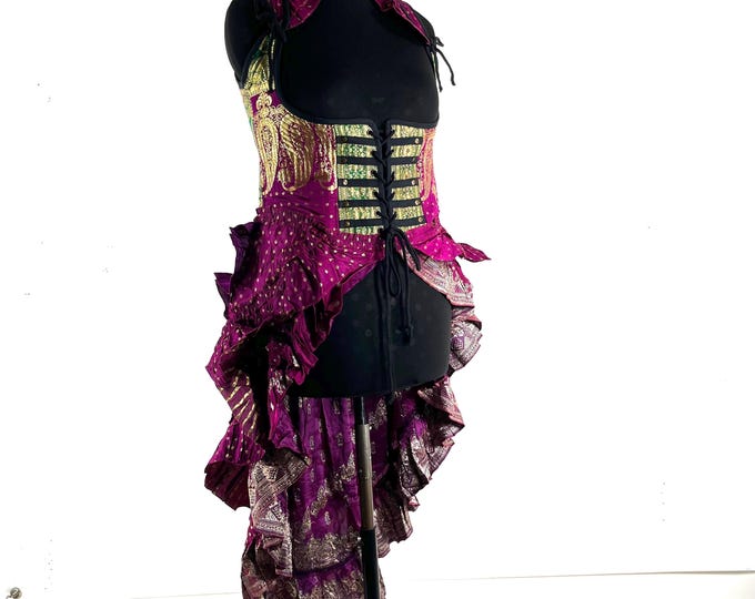 2XL Elisa Bustier Dress; Steampunk Under-bust Long Body Corset in Silk Brocade, (SKU:2004-10252)