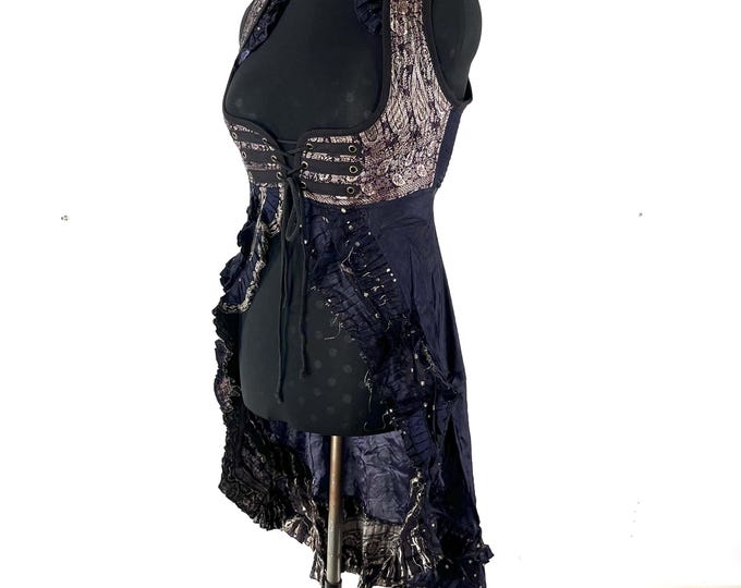 XL Alaxi Bustier Dress; Slate Grey Under-bust Corset Dress in Vintage Silk (SKU:2114-8145)