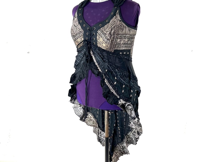 3XL. Sophia Corset Dress with Hi-Low tiered skirt, handmade from Vintage Silk Brocade. Renaissance Festival Steampunk SKU:2000-6202