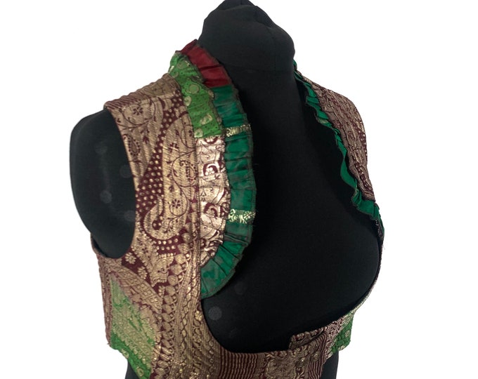 3XL. Underbust Corset Bustier Bodice Top. Up-Cycled Silk Brocade Choli Plus Size Laced Top SKU:446-6712