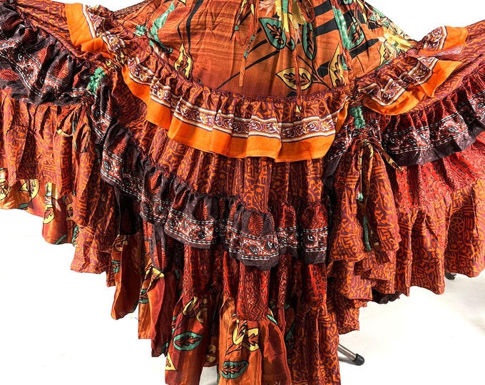 Jazmyn XL 25 yard Gypsy Light Summer Silk Skirt; Boho Peasant Skirt Flamenco Orange Ocre Bellydance Tribal Fusion  SKU:737-7051