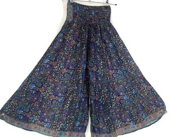 Culottes Blue Green Silk Slacks Elasticated Waist Wide Leg Trouser Palazzo Pants