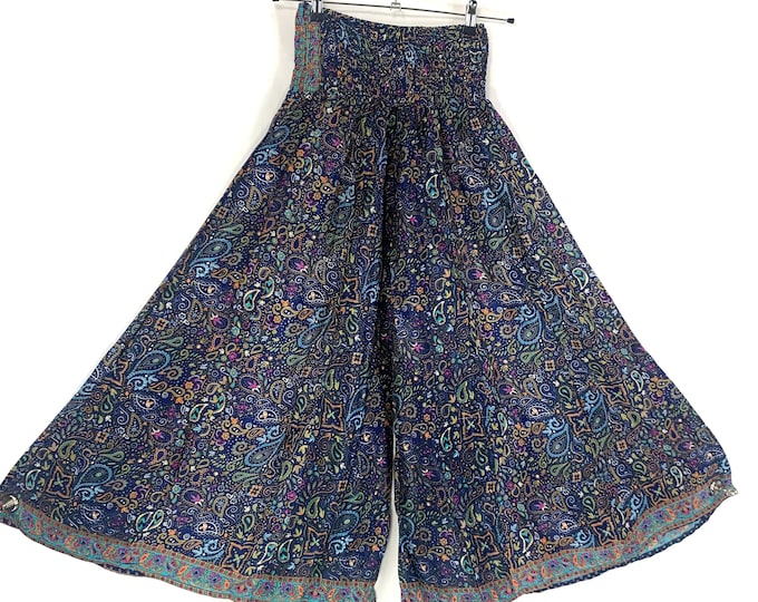 Culottes Blue Green Silk Slacks Elasticated Waist Wide Leg Trouser Palazzo Pants