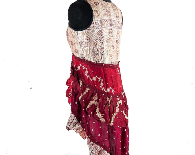 Sophia Corset Dress with Hi-Low tiered skirt handmade in Silk brocade. Steampunk Ren Faire UK-2XL   (SKU:2000-8763)