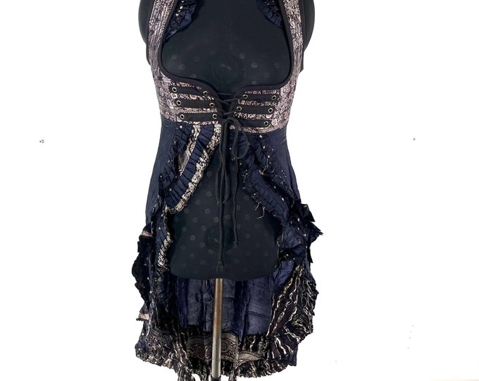 XL. Alaxi Bustier Dress; Slate Grey Under-bust Corset Dress in Vintage Silk. Bridgerton Cosplay, Larp, Steampunk, Renaissance SKU:2114-8145