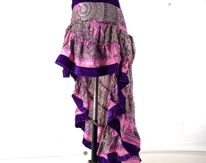 XL. Layla Bohemian High Low Skirt. Fits up to 50" (127cm) Silk Velvet Edged Boho Skirt. One Size Plus. SKU:734-8044