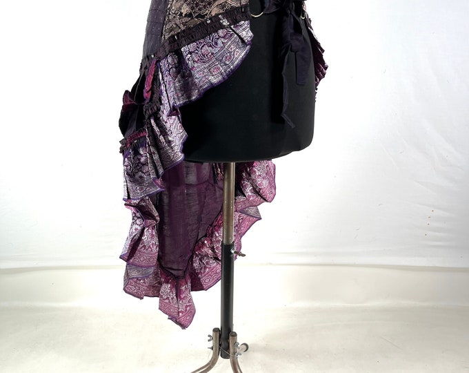 Bustle Wrap Over Skirt Vintage Silk Brocade, Luna M/L; Tribal Belly Dance mini skirt, Steampunk Festival Cosplay Tail Skirt SKU:221-7131