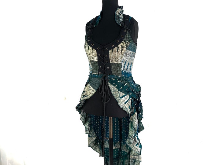 L. Varuna Corset Dress in Silk Brocade with long body; Larp Renaissance Corset Dress.  SKU:2002-1774