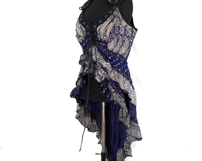 Sophia Corset Dress with Hi-Low tiered skirt handmade in Silk brocade. Steampunk Ren Faire UK-XL  SKU:2000-2950