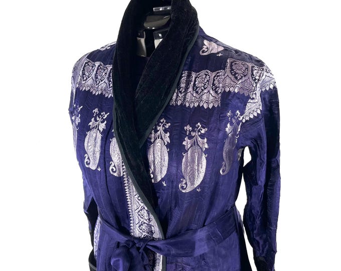 Long Vintage Silk Brocade Coat; High Velvet Collar, 3 pockets, blue & silver unisex wrap jacket with belt SKU:3081-8532