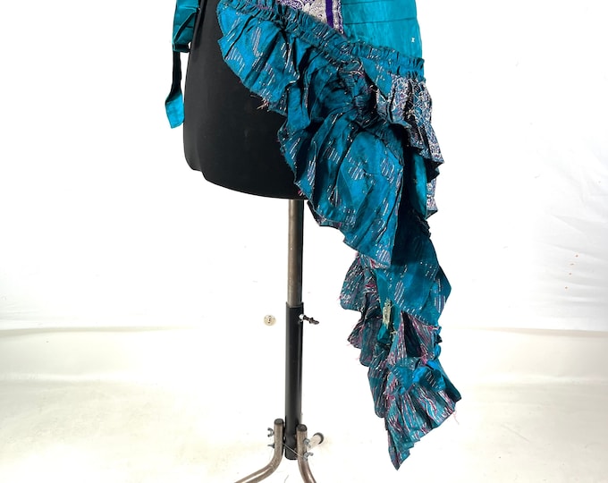 Bustle Wrap Over Skirt Vintage Silk Brocade, Luna M/L; Tribal Belly Dance mini skirt, Steampunk Festival Cosplay Tail Skirt SKU:221-7130
