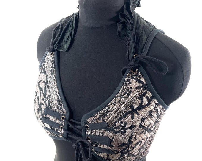 L. Fae Corset Top - Black & Silver Bra Top - Vintage Silk Brocade  (SKU:3033-9768)