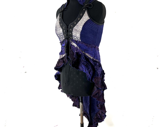 2XL. Sophia Corset Dress with Hi-Low tiered skirt handmade in Vintage Silk Brocade. Steampunk Ren Faire SKU:2000-8760