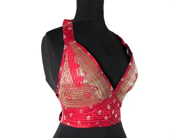 S. Phoenix Tribal Fusion Top. Steampunk Hippy in Red. New cut in Silk brocade. SKU:1022-6002