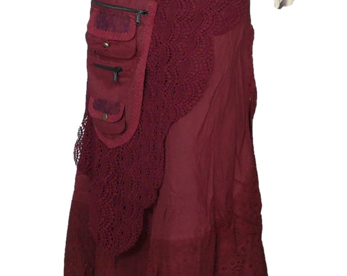 Maroon Cotton Wrap Skirt, Victorian Style, Detachable Pocket Purse (SKU:1040-1041)