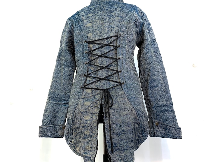 XL Silk Brocade Tailcoat. Fleece lined with brass poppers and pockets. Corsetage at back for adjustable sizing.