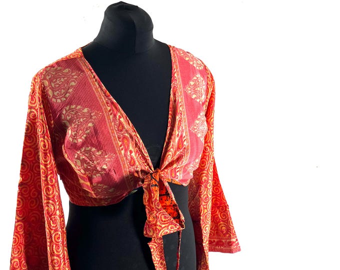 Joy Bell Sleeve Crop Top, Sari Summer Wrap, Handmade Silky, Light Hippy Style UK-L/XL (SKU:572-10324)