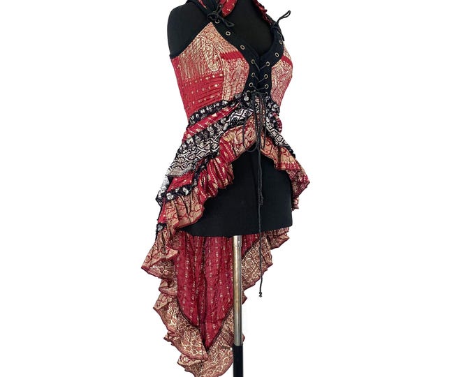 M. Sophia Steampunk Corset Dress with Hi-Low tiered skirt in Silk brocade,
