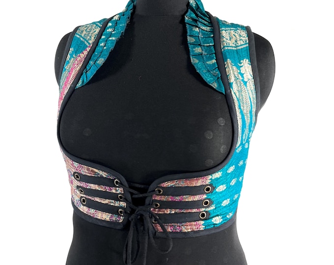 Underbust Corset Top; Ivy 3XL blue pink & silver steampunk vest handmade in Vintage Silk Brocade (SKU:2176-10154)